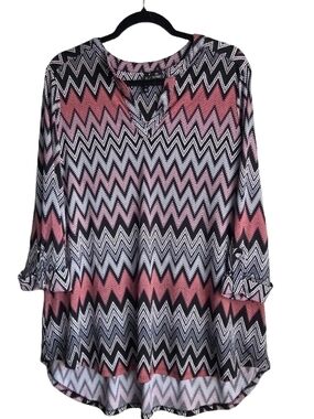 new directions Pink Chevron V-Neck Roll-Tab Tunic